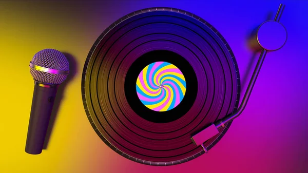 Plaklar dönüyor ve karaoke partisi var. Partide mikrofon var.