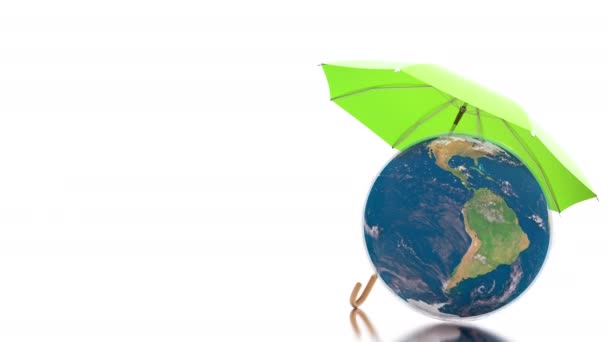 Planet care concept with rotating earth globe under protection of the green umbrella — Stock Video