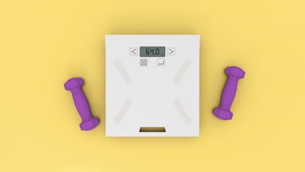 Weighing scale with two fitness dumbbells on the yellow flat layer background — Stock Video