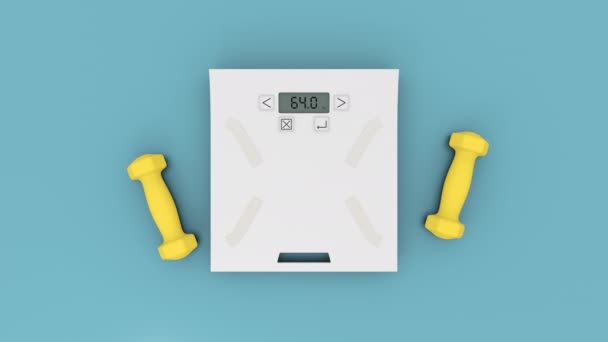 Weighing scale with two yellow dumbbells on the cyan blue flat layer background — Stock Video