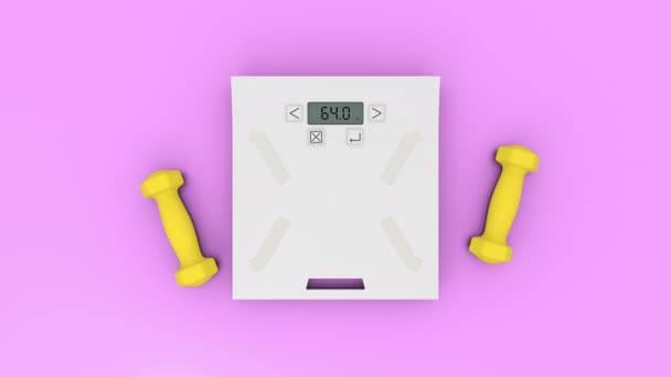 Weighing scale with two yellow dumbbells on the pink flat layer background — Stock Video