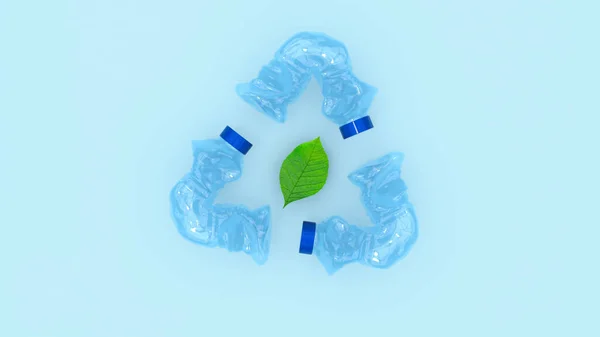 Yeşil yaprak etrafında dönen üç plastik şişe koruma gezegenini simgeliyor.