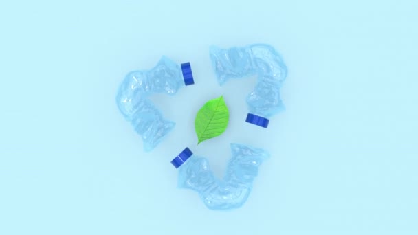 Τρία πλαστικά μπουκάλια που περιστρέφονται γύρω από το πράσινο φύλλο συμβολίζουν τον πλανήτη προστασίας — Αρχείο Βίντεο