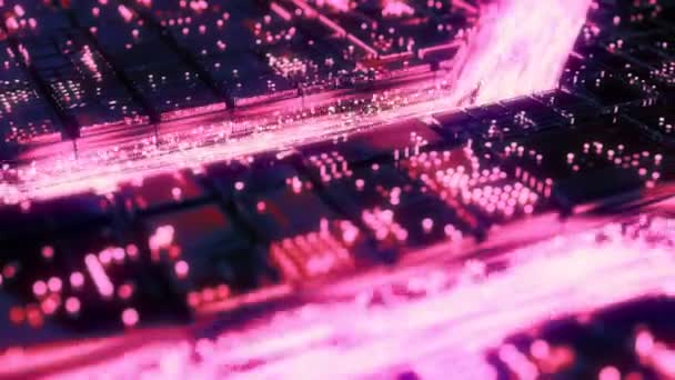 Placa de circuito de ciencia ficción abstracta con chips y señales de datos ópticos de luz violeta — Vídeos de Stock