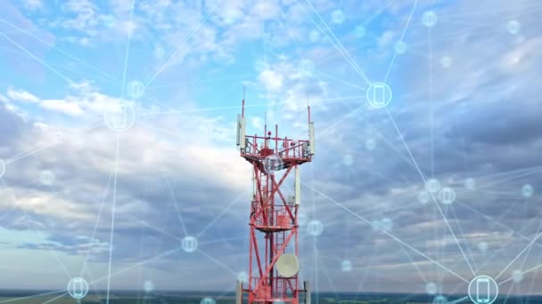 Telecommunicatie van mobiele telefoons via telecommunicatietoren en cellulaire celarchitectuur — Stockvideo