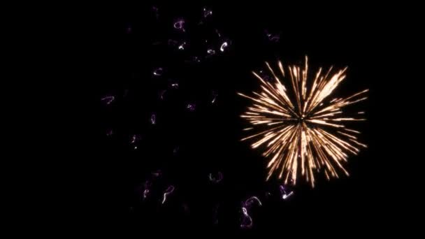 Fogos de artifício coloridos com o coração no final no BG preto — Vídeo de Stock