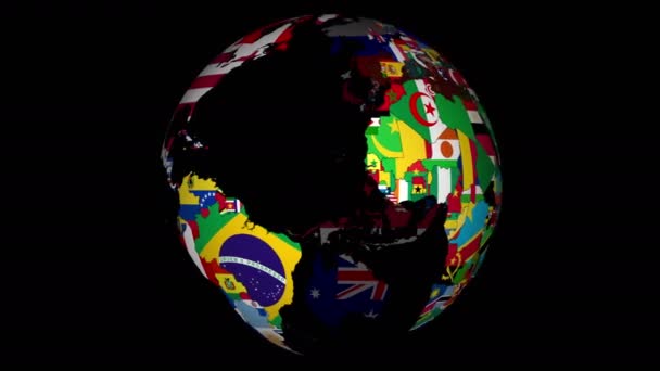 4K, Globo con países y sus banderas nacionales — Vídeos de Stock