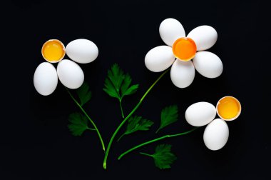 Siyah arka planda maydanozlu yumurta.