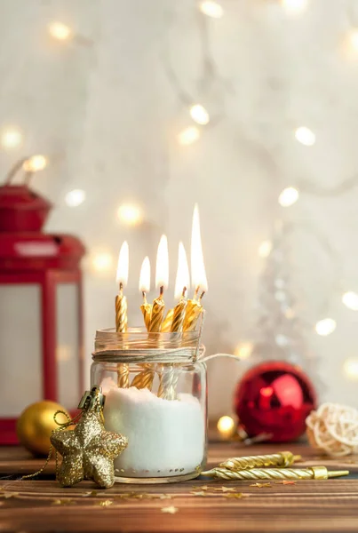 Candles burning in a jar.Festive mood