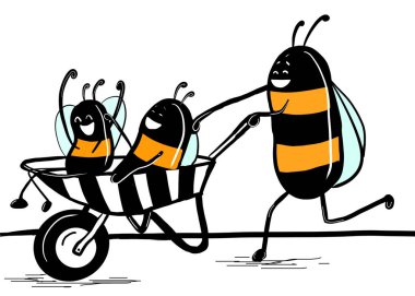 Funny bees have fun in their free time, rolling around in a wheelbarrow. Crazy insects. clipart