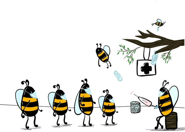 Maskierte Bienen Stehen Schlange Geimpft Werden Das Konzept Der Impfung — Stockfoto
