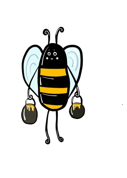 Αστεία Μέλισσα Στέκεται Δύο Κουβάδες Μελίου Ενδιαφέροντα Έντομα — Φωτογραφία Αρχείου
