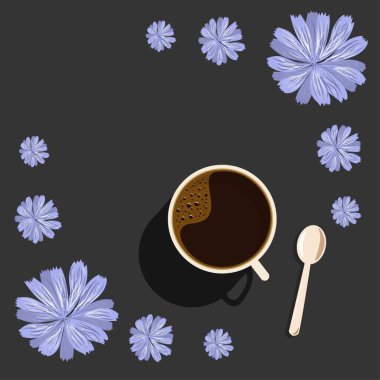    Koyu arkaplanda hindiba kökü olan bir fincan. Kan basıncını yükseltmeyen kahve yerine kullanışlı bir alternatif inulin içerir..