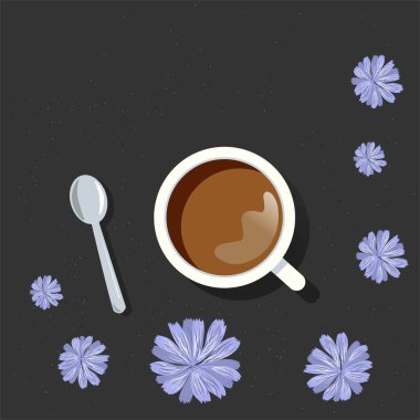   Koyu arkaplanda hindiba kökü olan bir fincan. Kan basıncını yükseltmeyen kahve yerine kullanışlı bir alternatif inulin içerir..