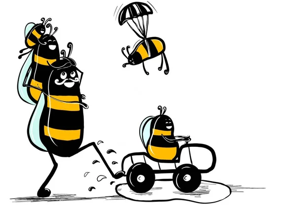 Papa Biene Geht Mit Seinen Kindern Bienen Lustige Insekten — Stockfoto
