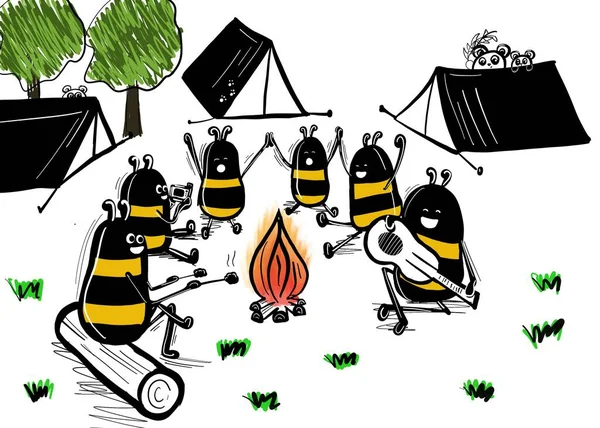 Bienen Entspannen Sich Der Natur Sitzen Lagerfeuer Singen Lieder Und — Stockfoto