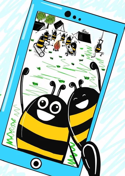 Lustige Bienen Machen Selfies Illustration Stil Von Cartoon Doodle Von — Stockfoto