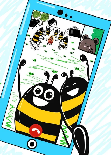Včely Mluví Telefonu Ilustrace Provádí Stylu Karikatury Čmáranice Ručně Koncept — Stock fotografie