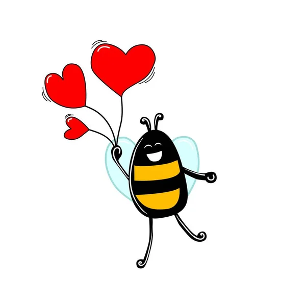 Abeja Divertida Sosteniendo Globos Ilustración Vectorial Dibujada Mano Simple Concepto — Archivo Imágenes Vectoriales