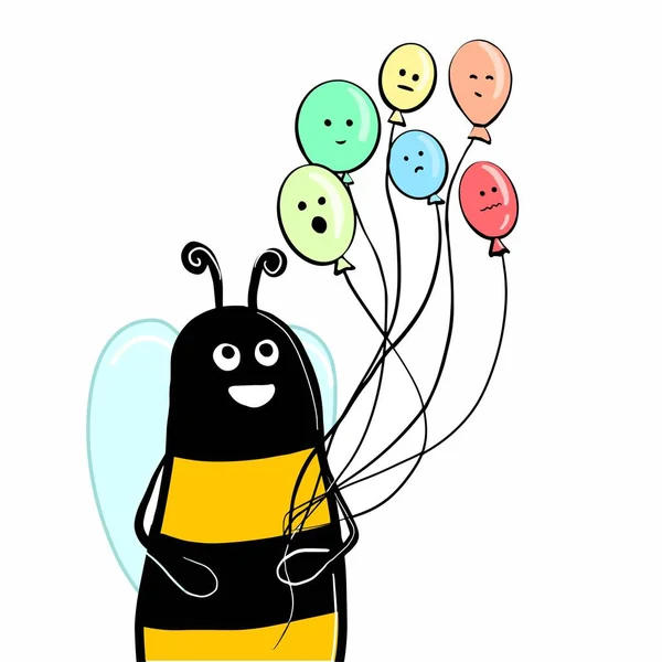 Abeja Divertida Sosteniendo Globos Ilustración Vectorial Dibujada Mano Simple Concepto — Vector de stock