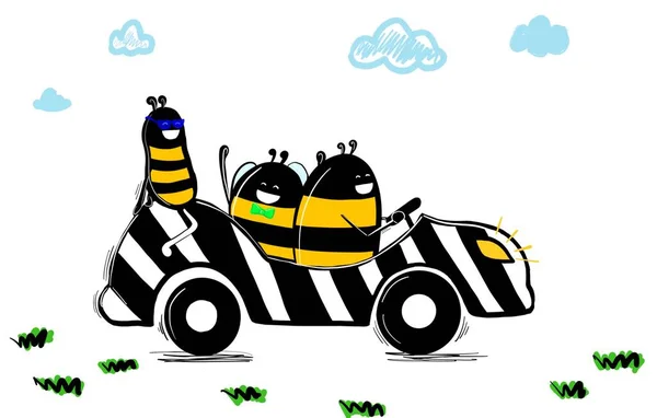 Abejas Graciosas Conduciendo Auto Concepto Viaje Ilustración Dibujos Animados Mano — Foto de Stock