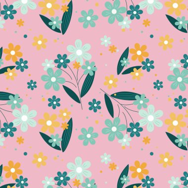  Pembe arka planda çiçekli kusursuz vektör yapısı. Giysiler ve diğer eşyalar için tasarım.