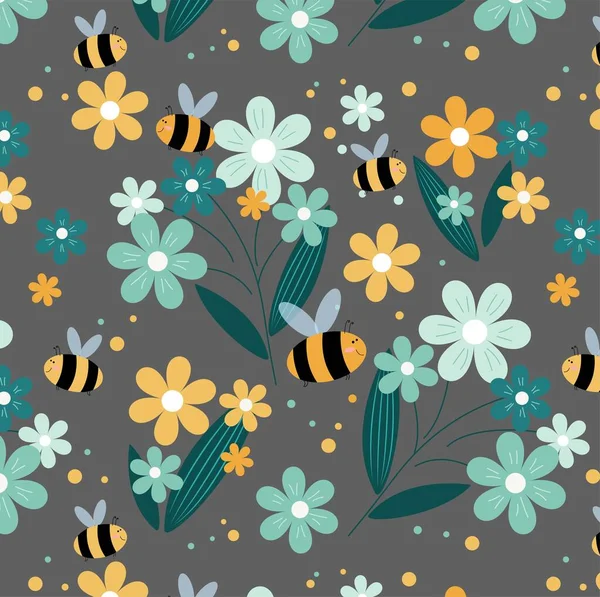 Nahtlose Vektornatur Mit Blumen Und Bienen Auf Grauem Hintergrund Design — Stockvektor