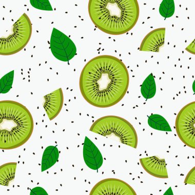 Beyaz arka planda kivi dilimlerinin ve yaprakların kusursuz deseni. Doğal bir model.. 