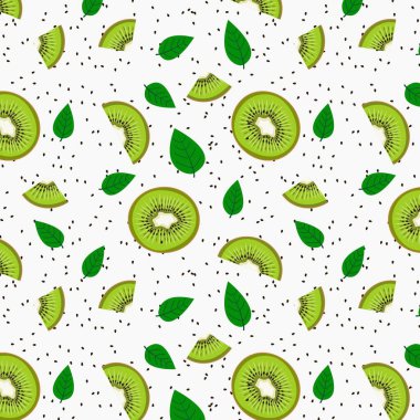 Beyaz arka planda kivi dilimlerinin ve yaprakların kusursuz deseni. Doğal bir model..  