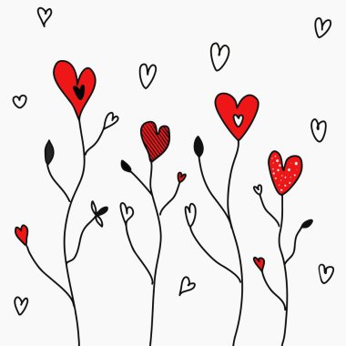 Dal üstünde kırmızı kalpler. Tebrik kartı konsepti. Elle çizilmiş bir vektör resmi..