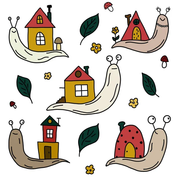 Uma Imagem Caracol Engraçado Com Uma Casa Ilustração Desenhada Mão — Fotografia de Stock