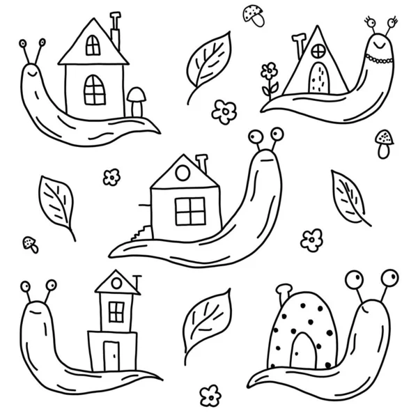 Set Funny Snails Different Houses Black White Illustration Style Doodle — Stock Photo, Image