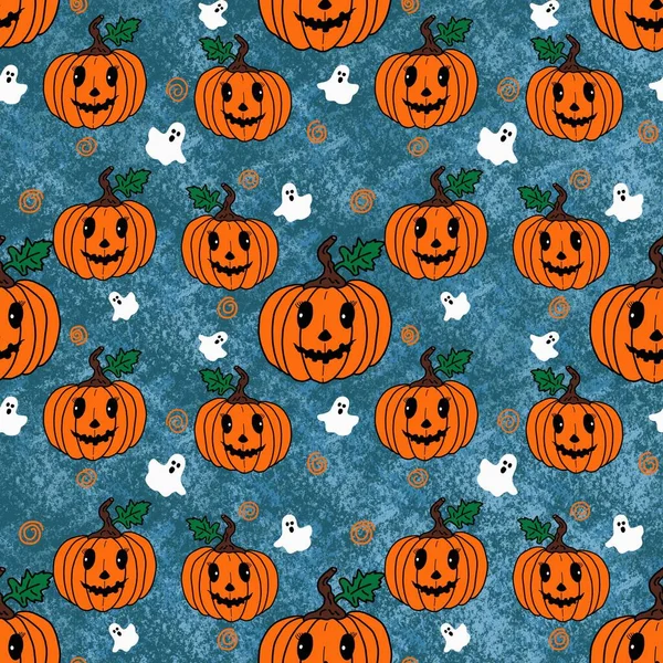 Grappige Pompoen Een Blauwe Achtergrond Halloween Concept Naadloos Patroon Ontwerp — Stockfoto