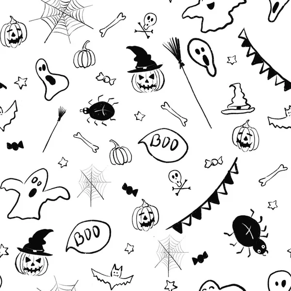 Śmieszny Czarno Biały Bezszwowy Wzór Halloween Ilustracja Jest Ręcznie Rysowane — Zdjęcie stockowe