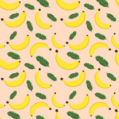 Renkli arka planda kusursuz muz ve yapraklar var. Çizim elle çizilmiş. Kumaş, kağıt ve diğer nesneler için tasarım. Dijital illüstrasyon.