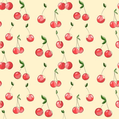 Kirazlar. Kusursuz desen, eğik çizgileri olan el çizimi illüstrasyon. Kağıt, kumaş ve diğer nesneler için tasarım.. 