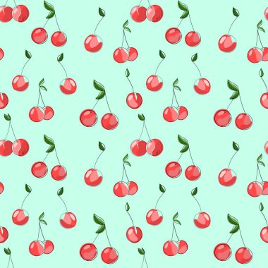 Kirazlar. Kusursuz desen, eğik çizgileri olan el çizimi illüstrasyon. Kağıt, kumaş ve diğer nesneler için tasarım.. 