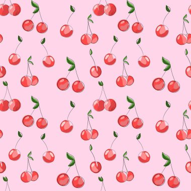 Kirazlar. Kusursuz desen, eğik çizgileri olan el çizimi illüstrasyon. Kağıt, kumaş ve diğer nesneler için tasarım.. 