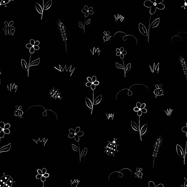 Schwarz Weiße Lineare Nahtlose Zeichnung Mit Einem Naturthema Blätter Blüten — Stockfoto