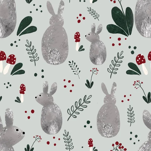 ウサギと葉 ベリー キノコと自然のシームレスな図面 イラストは曲線で手描きです 包装紙 衣類などのデザイン — ストック写真