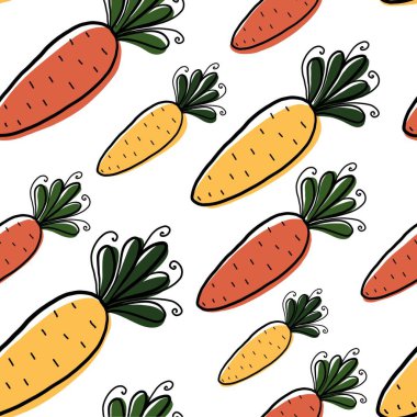 Beyaz arka planda kusursuz havuç deseni. Karalama tarzında çizilmiş el çizimi çizimler. Kumaş, giysi, kağıt ve diğer nesneler için tasarım.