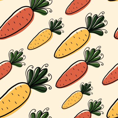 Beyaz arka planda kusursuz havuç deseni. Karalama tarzında çizilmiş el çizimi çizimler. Kumaş, giysi, kağıt ve diğer nesneler için tasarım.