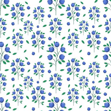 Beyaz arka planda yeşil yapraklı böğürtlen. Kusursuz desen, kumaş, kağıt ve diğer nesneler için tasarım. Eğri çizgili el çizimi illüstrasyon, dijital illüstrasyon.