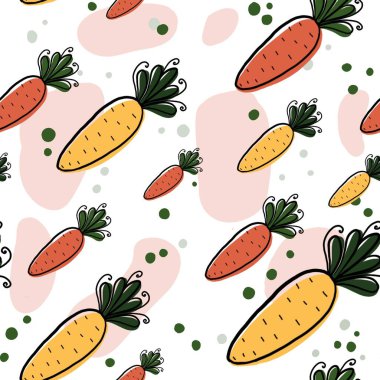 Beyaz arka planda kusursuz havuç deseni. Karalama tarzında çizilmiş el çizimi çizimler. Kumaş, giysi, kağıt ve diğer nesneler için tasarım.