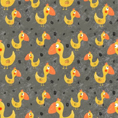 Gri arka planda komik sarı bir kuş olan kusursuz bir çizim. Çizim, karalama tarzında elle çizilmiş. Dijital çizim. Kumaş, kağıt ve diğer ögeler için tasarım.