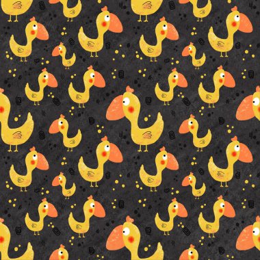 Gri arka planda komik sarı bir kuş olan kusursuz bir çizim. Çizim, karalama tarzında elle çizilmiş. Dijital çizim. Kumaş, kağıt ve diğer ögeler için tasarım.