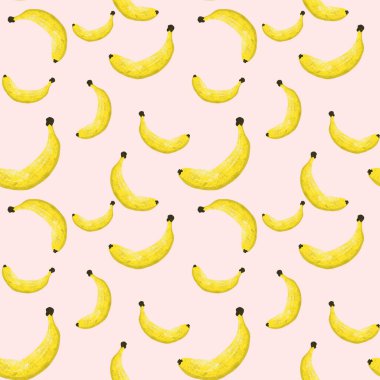 Renkli arka planda kusursuz muz ve yapraklar var. Çizim elle çizilmiş. Kumaş, kağıt ve diğer nesneler için tasarım. Dijital illüstrasyon.