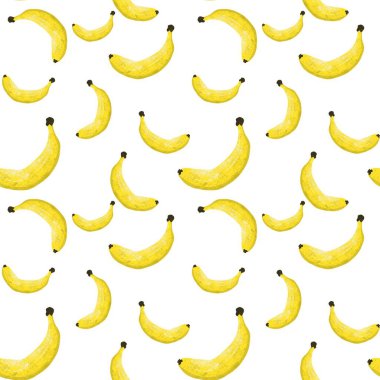 Beyaz arka planda kusursuz muz deseni. Çizim elle çizilmiş. Kumaş, kağıt ve diğer nesneler için tasarım. Dijital illüstrasyon.