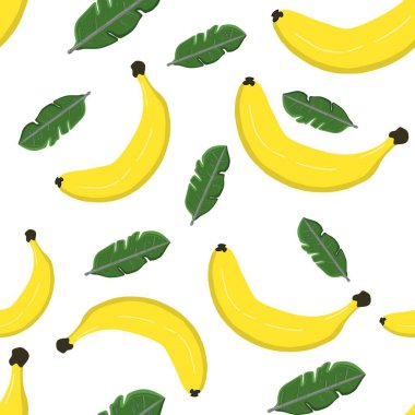 Kusursuz muz deseni ve beyaz arka planda yapraklar. Çizim elle çizilmiş. Kumaş, kağıt ve diğer nesneler için tasarım. Dijital illüstrasyon.