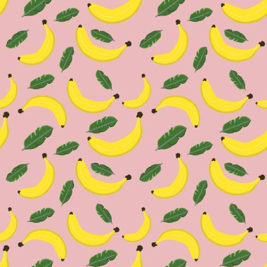 Renkli arka planda kusursuz muz ve yapraklar var. Çizim elle çizilmiş. Kumaş, kağıt ve diğer nesneler için tasarım. Dijital illüstrasyon.